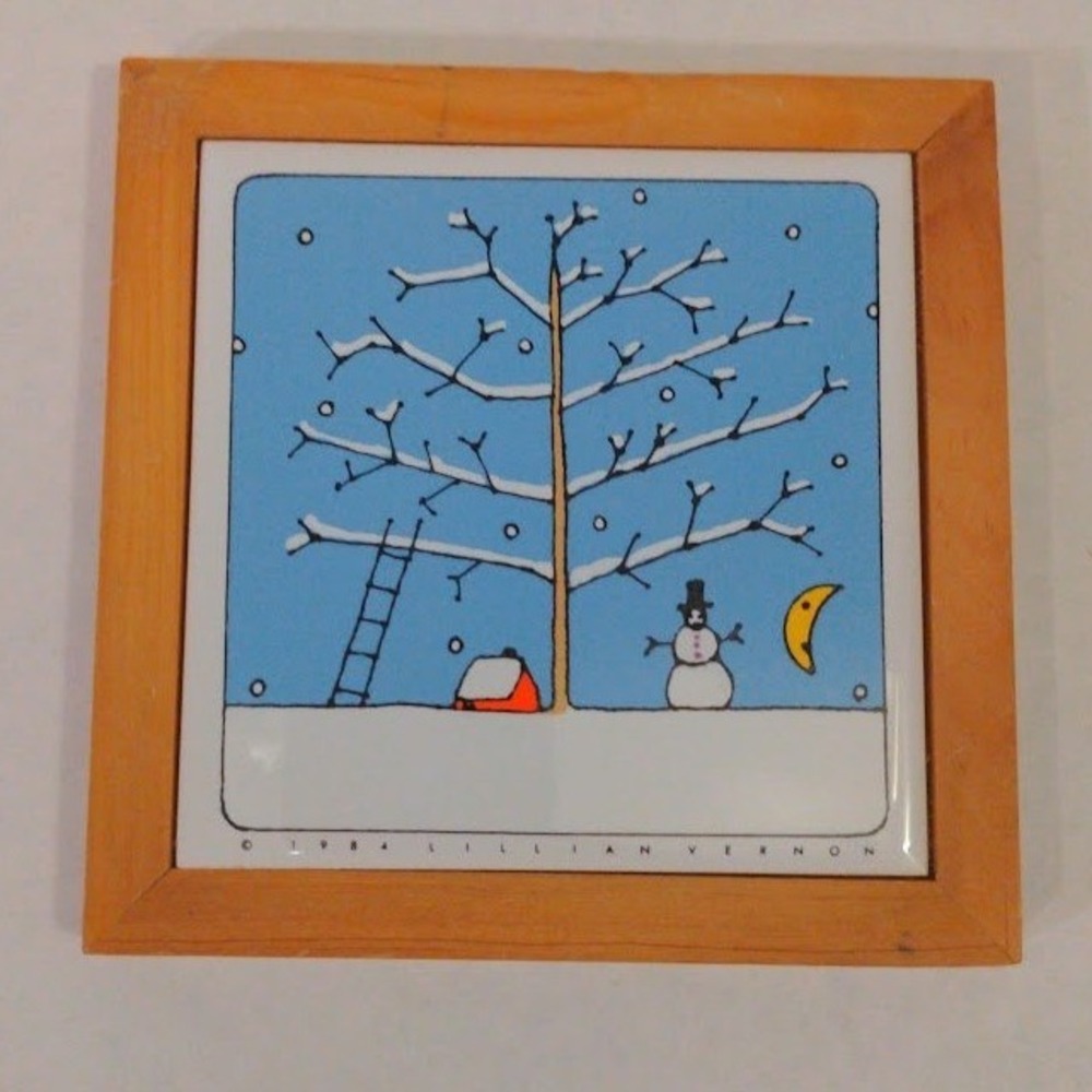 Vtg 1984 Lillian Vernon Snowman Winter Scene Framed Ceramic Tile Trivet Wall Art